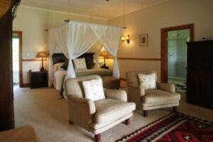 Where It All Began - Blog - Colonial-style splendour with beach and golf on tap - Accommodation Bedroom and Bed with Two Lounge Chairs