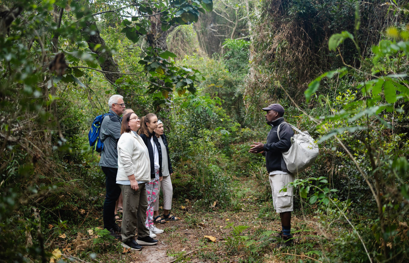 S050 - IT2 - Tour Guide and Tourists on Forest Tour Where It All Began - Journeys - Tropical African Lake and Forrest Slackpacking Adventure - Tour Guide and Tourists on Forest Tour